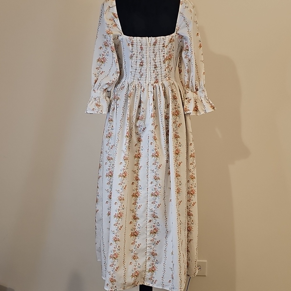 Forever 21 White Floral Cottagecore Milk Maid Midi Dress w/ Slit Size Small - Picture 2 of 10